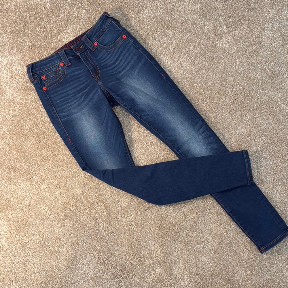 True Religion Jennie Curvy Skinny Blue Red Details Stretchy Jeans 28
